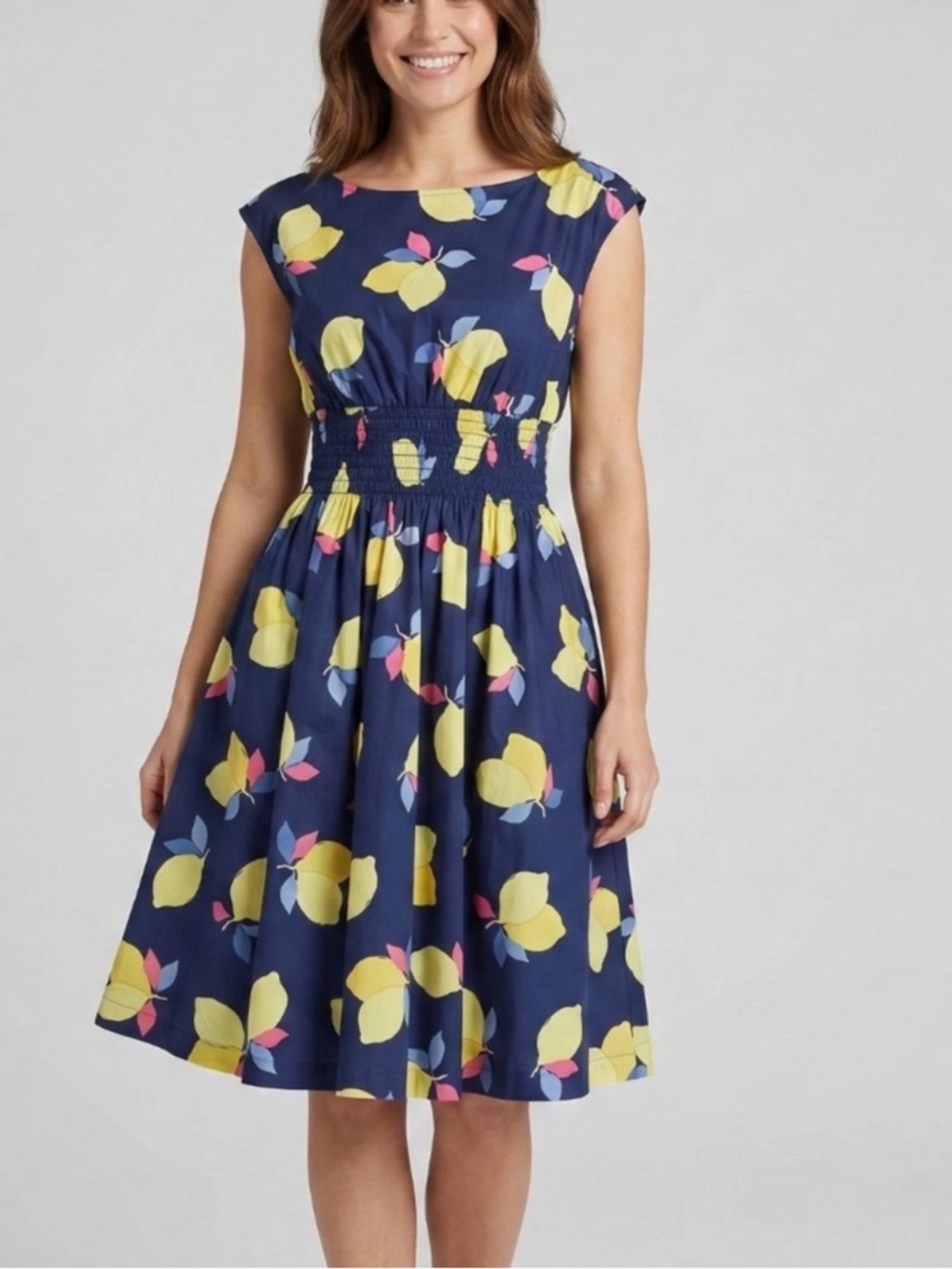 kate spade Navy Lemon-Print Smocked Midi Dress